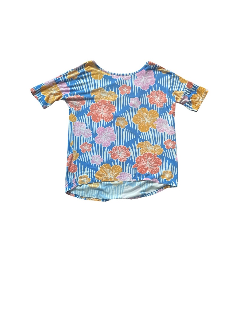 Ava Sky Fighting Eel Blue Floral Short Sleeve Tee with Pink & Yellow Blooms EUC